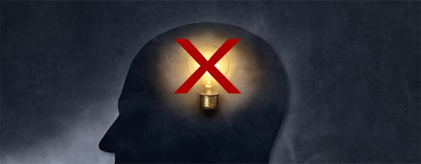 College Admission Mistakes:High school student head profile containing lighbulb "idea" lightbulb with big red X over it