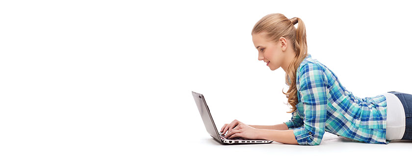 Female Student Blue Plaid Shirt On Floor Profile Laptop